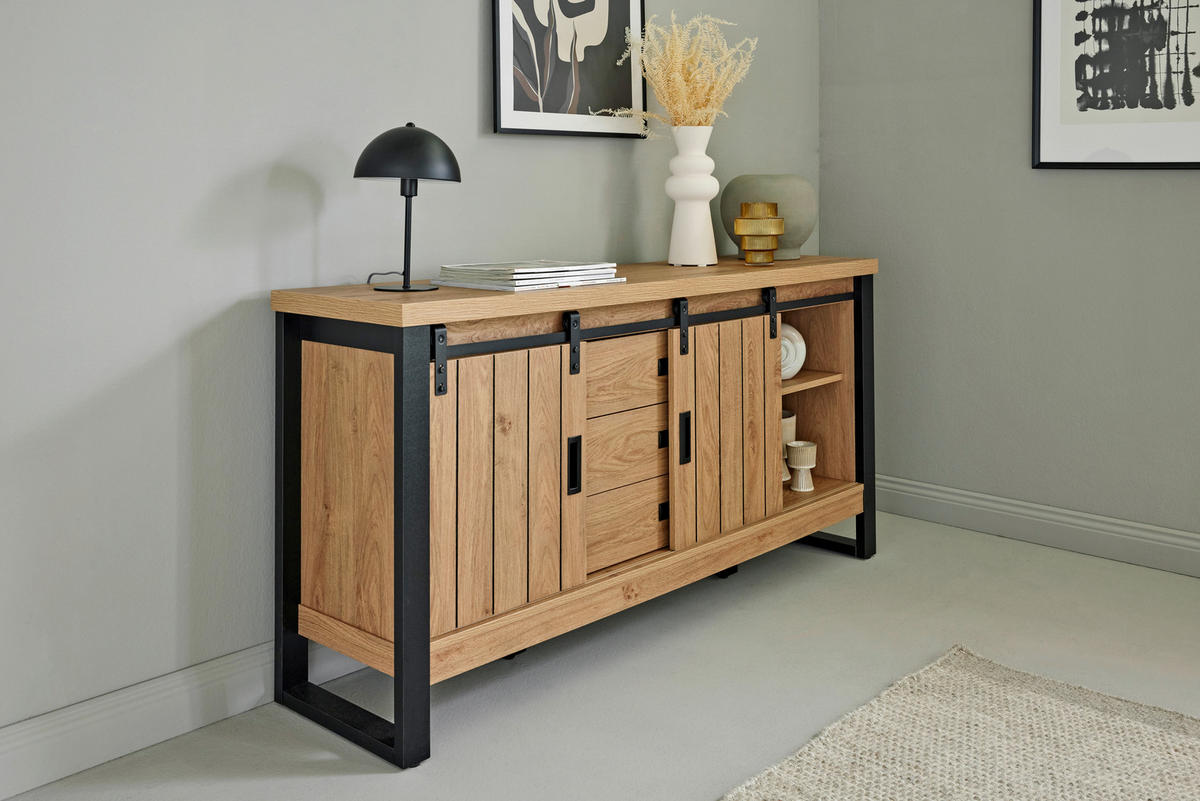 SIDEBOARD 153/75/39 cm  in Eichefarben  - Eichefarben/Schwarz, Modern, Holzwerkstoff/Metall (153/75/39cm) - MID.YOU