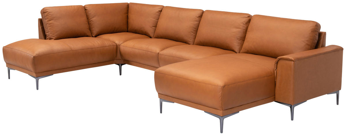 SOFFA i brun  - kromfärg/brun, Modern, metall/läder (385/88/163/210cm) - Welnova