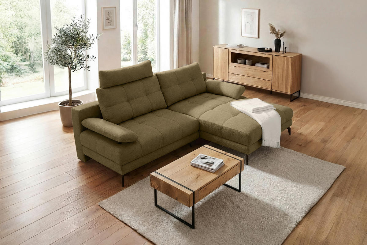 ECKSOFA Olivgrün Struktur Rückenkissen, Bettkasten, Schlaffunktion, Rücken echt, Armteilverstellung, Liegefläche im Originalstoff  - Beige/Schwarz, MODERN, Textil/Metall (263/181cm) - Carryhome