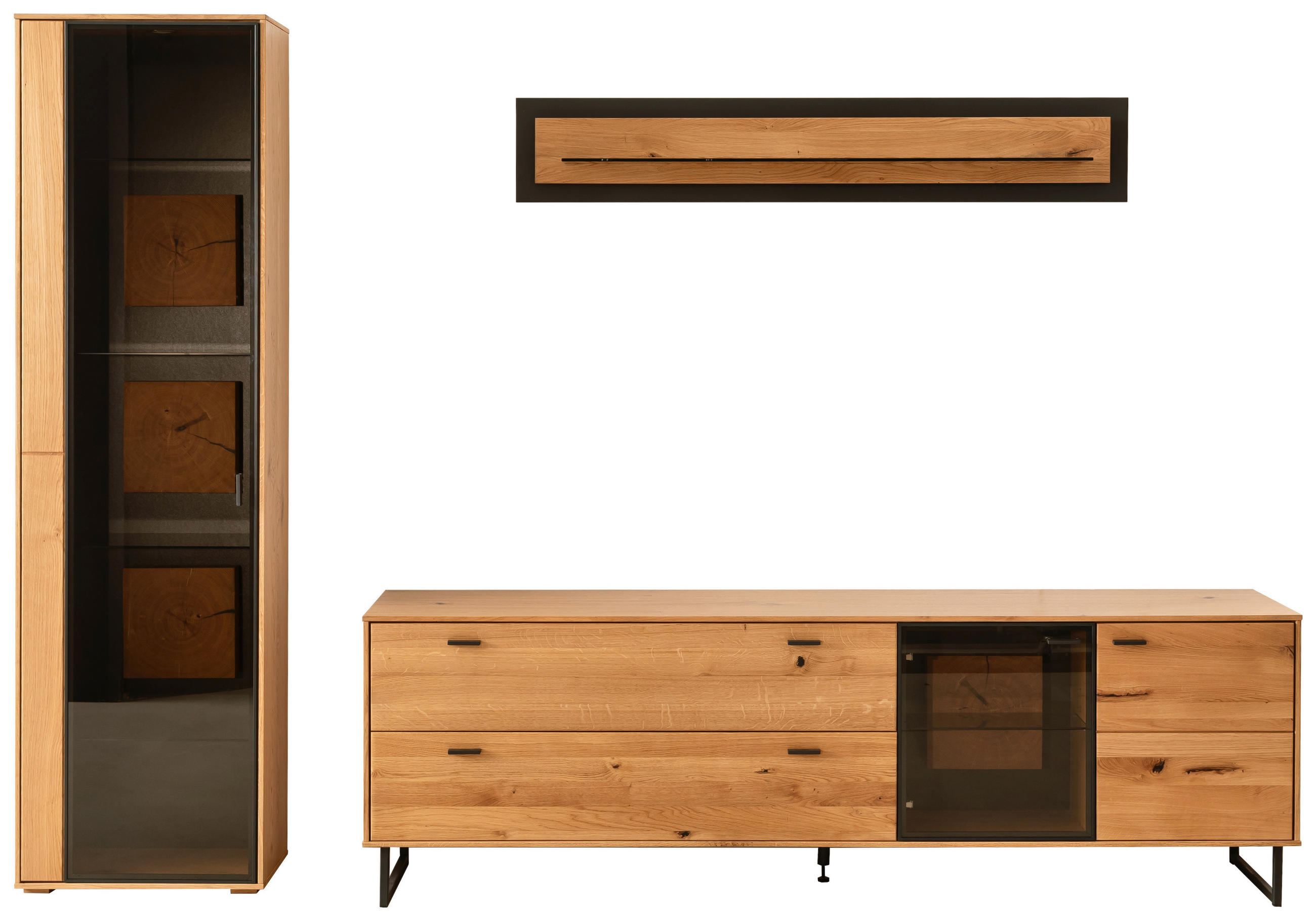 WOHNWAND Nairobi  in Wildeiche  286/206/50 cm  - Wildeiche/Schwarz, Design, Glas/Holz (286/206/50cm) - MID.YOU