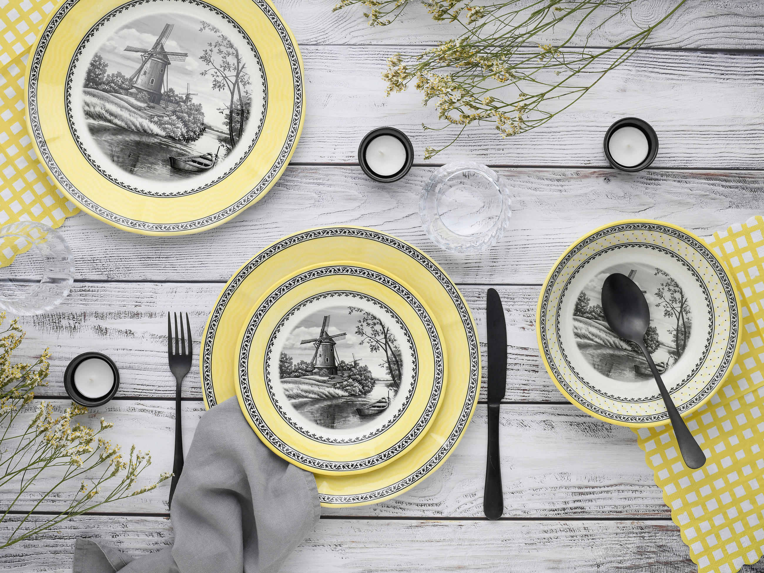 Thumbnail - Creatable Tafelservice Windmühle Gelb, Mehrfarbig, Keramik, 18-teilig, lebensmittelecht, stapelbar, Essen & Trinken, Ges...