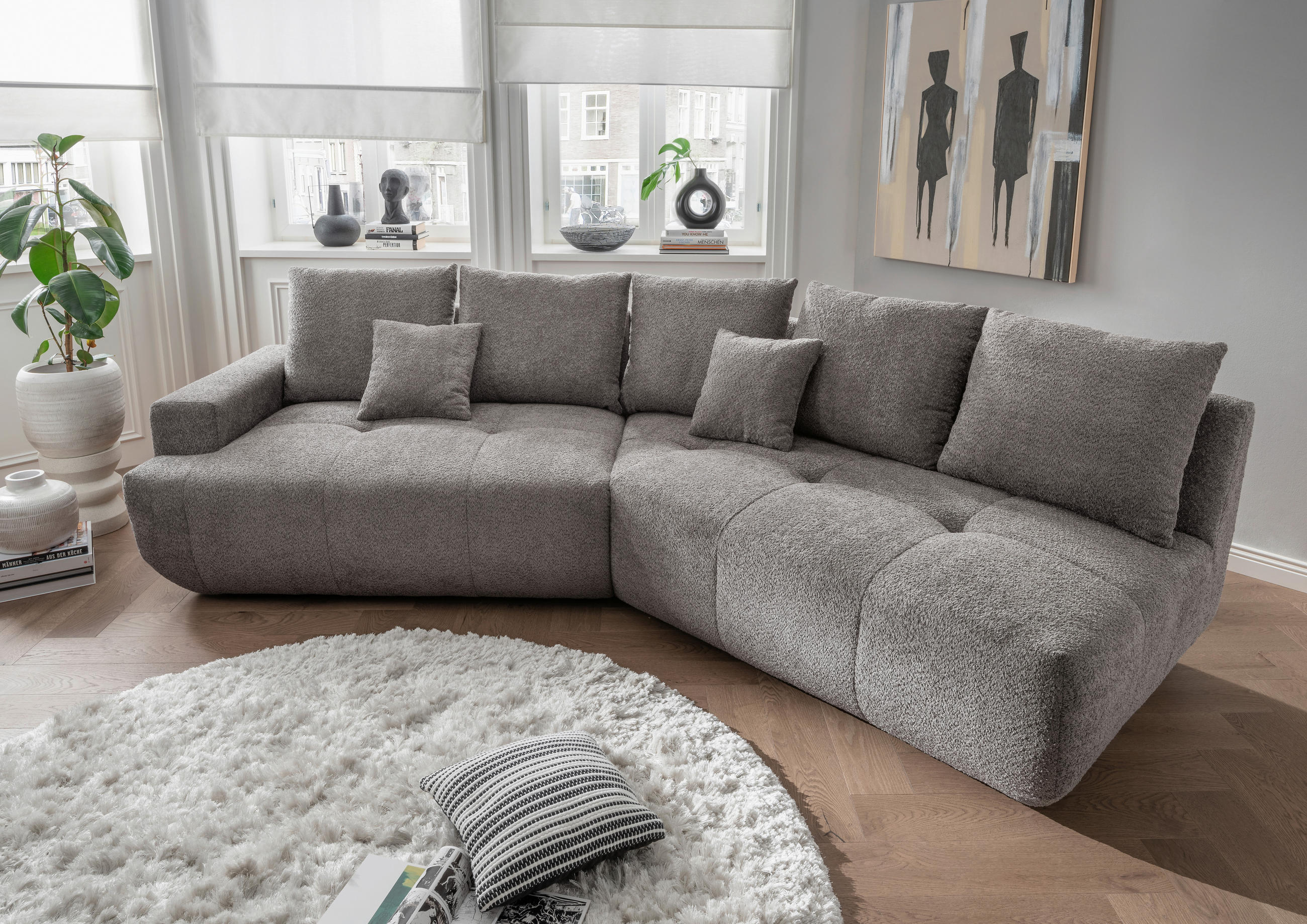 BIGSOFA Bouclé Anthrazit  - Anthrazit/Schwarz, MODERN, Kunststoff/Textil (323/91/155cm) - Livetastic