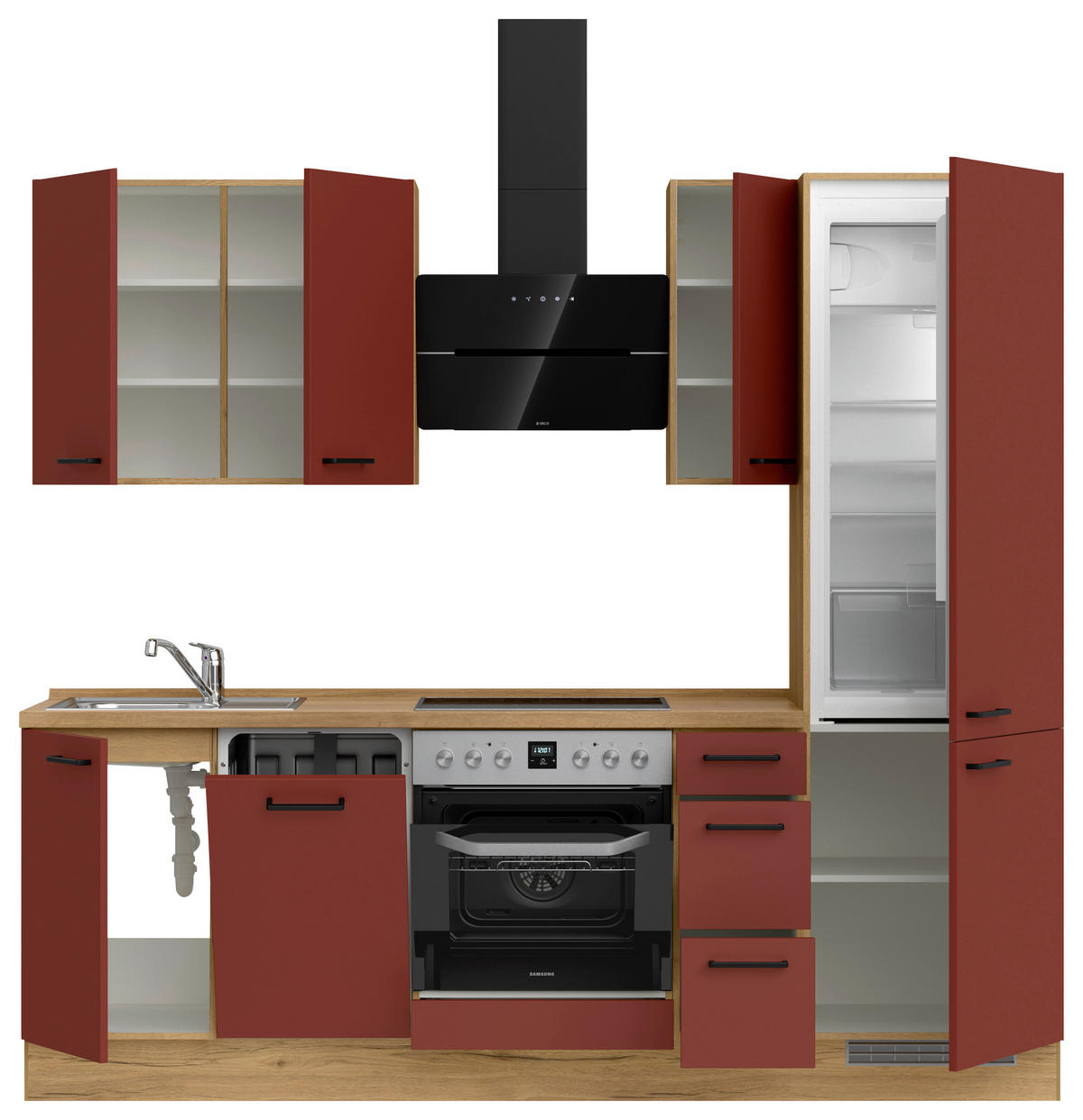 KÜCHENLEERBLOCK 240 cm   in Rot, Eichefarben  - Eichefarben/Rot, MODERN, Holzwerkstoff/Metall (240cm) - Nobilia