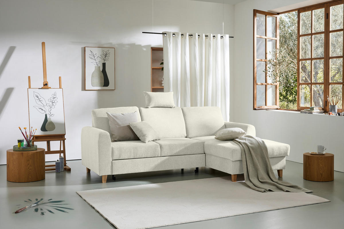 ECKSOFA Creme Flachgewebe  - Buchefarben/Creme, KONVENTIONELL, Holz/Textil (241/166cm) - Carryhome