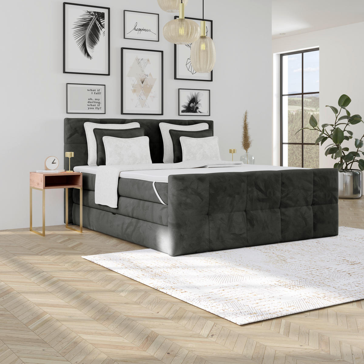 BOXSPRINGBETT 180/200 cm,  in Anthrazit, gepolstertes Kopfteil, Bettkasten, Topper, Matratzen, H4 + H4 = sehr fest  - Anthrazit, KONVENTIONELL, Holz/Holzwerkstoff (180/200cm) - Luca Bessoni