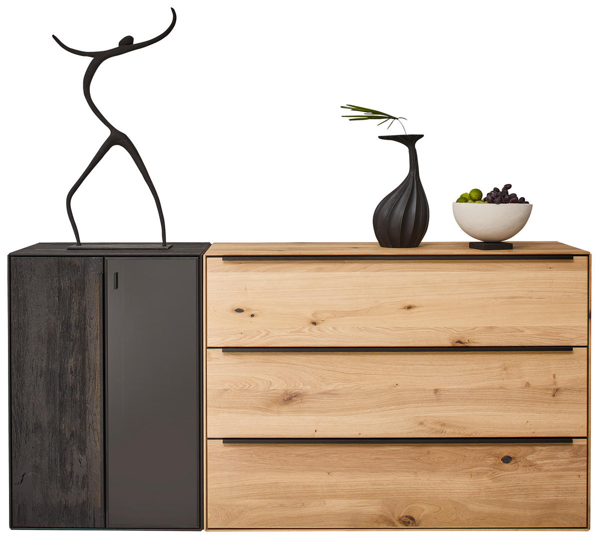 SIDEBOARD Schwarz, Eichefarben  184/90,3/47,1 cm  - Eichefarben/Anthrazit, Natur, Glas/Holz (184/90,3/47,1cm) - Valnatura