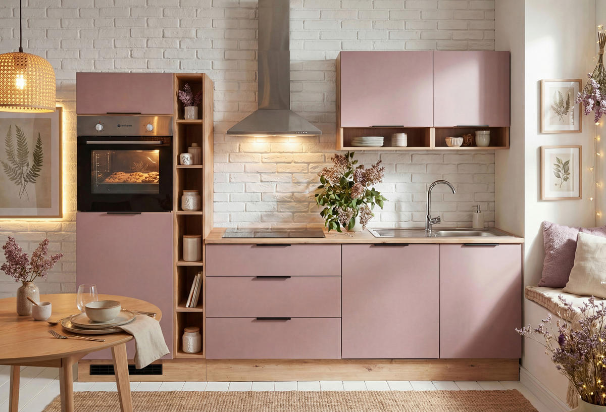 KÜCHENBLOCK Oskar 270 cm  in Rosa, Eiche Artisan  - Schwarz/Eiche Artisan, Design, Holzwerkstoff/Kunststoff (270cm) - P & B
