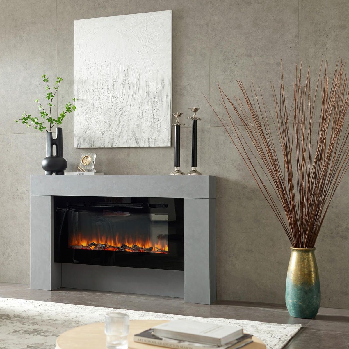 ELEKTRISK KAMIN - grå, Basics, metall/trämaterial (141/21/88cm)