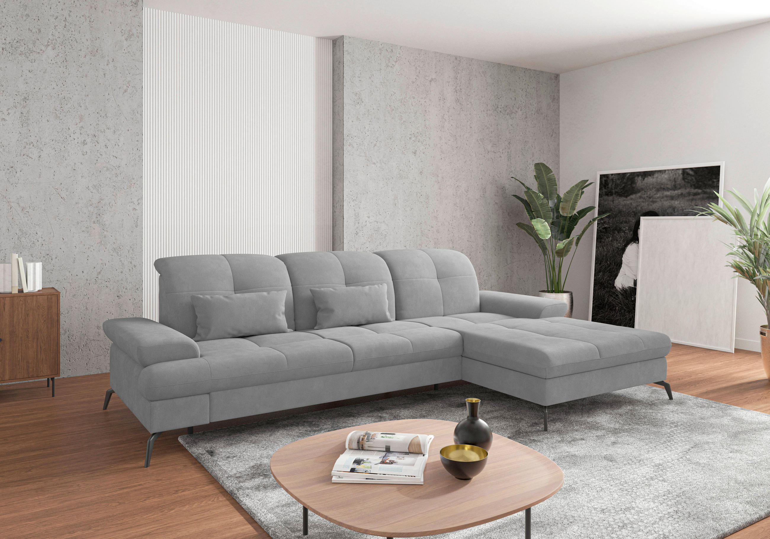 ECKSOFA Grau Flachgewebe Armteilverstellung, Kopfteilverstellung, Sitztiefenverstellung  - Schwarz/Grau, KONVENTIONELL, Textil/Metall (279/185cm) - Sit & More