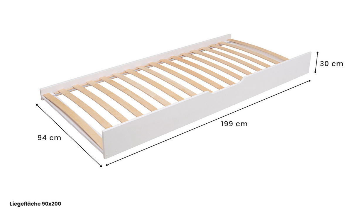 AUSZIEHBETT 100/200 cm,  in Weiß, Bettkasten, Rollrost für Zusatzbett, Rollrost für Hauptbett  - Naturfarben/Weiß, MODERN, Holz (100/200cm) - MID.YOU
