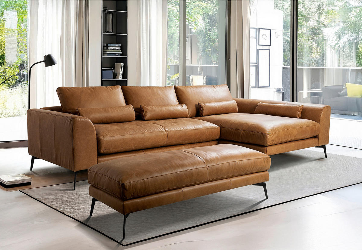 HOCKER BERLIN Echtleder Cognac  - Cognac/Schwarz, Design, Leder/Metall (163/46/62cm) - Livetastic
