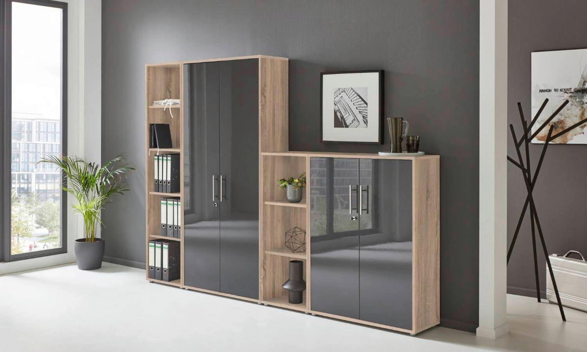 BÜRO erweiterbar, in verschiedenen Holz-Dekoren erhältlich, Schreibtisch seitenverkehrt montierbar, abschließbar Sonoma Eiche, Anthrazit Hochglanz - Anthrazit Hochglanz/Sonoma Eiche, MODERN, Holzwerkstoff - MID.YOU