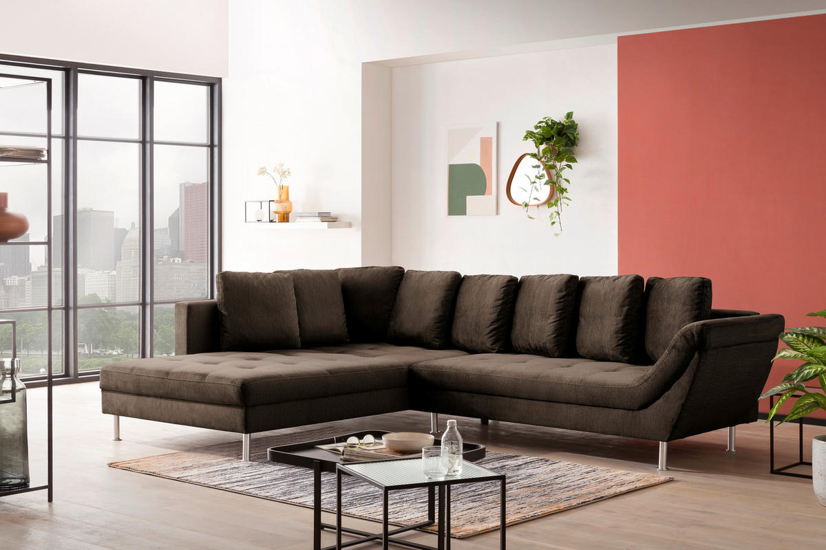 ECKSOFA in Velours Braun  - Chromfarben/Braun, Design, Kunststoff/Textil (224/326cm) - Stylife