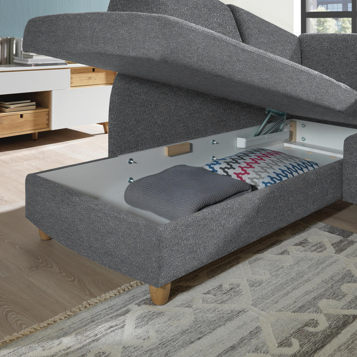 ECKSOFA  in Mikrovelours Grau  208/227 cm  - Eichefarben/Rot, KONVENTIONELL, Holz/Textil (208/227cm) - Sedda