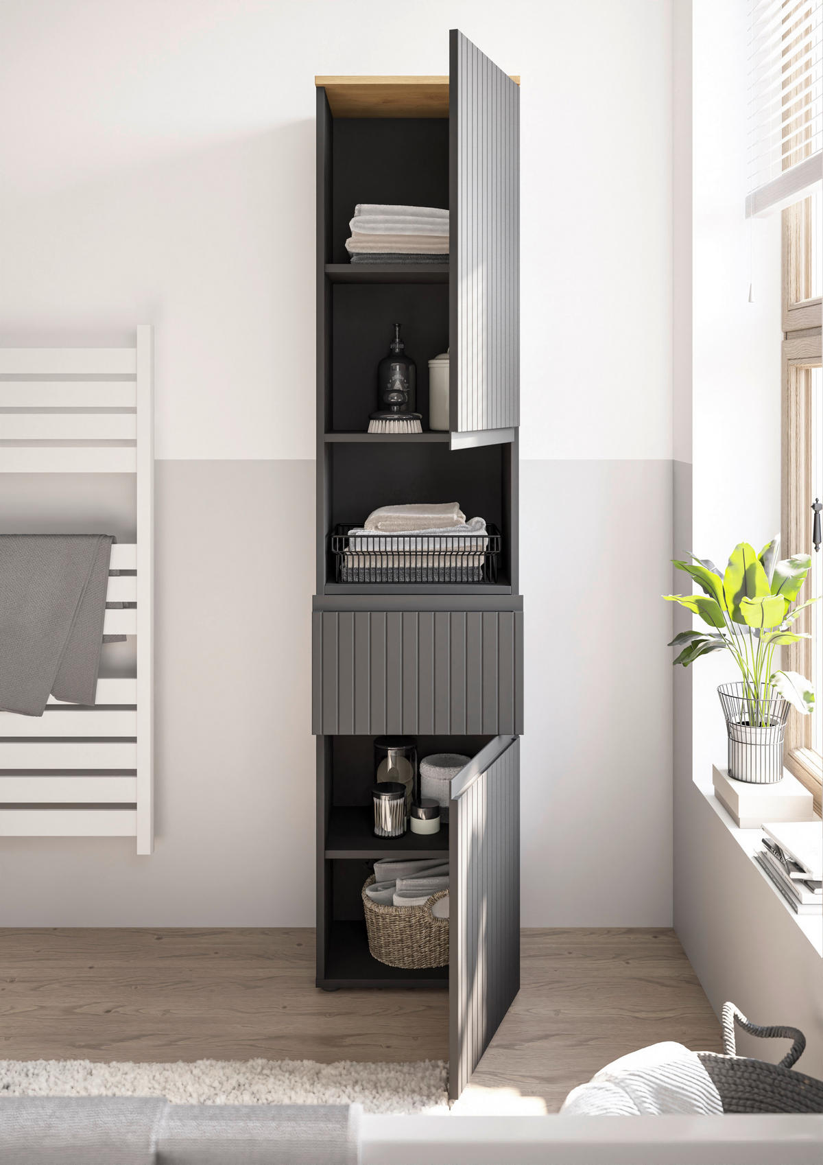 HOCHSCHRANK 40/181/31 cm  - Eichefarben/Schwarz, Modern, Holzwerkstoff/Kunststoff (40/181/31cm) - MID.YOU