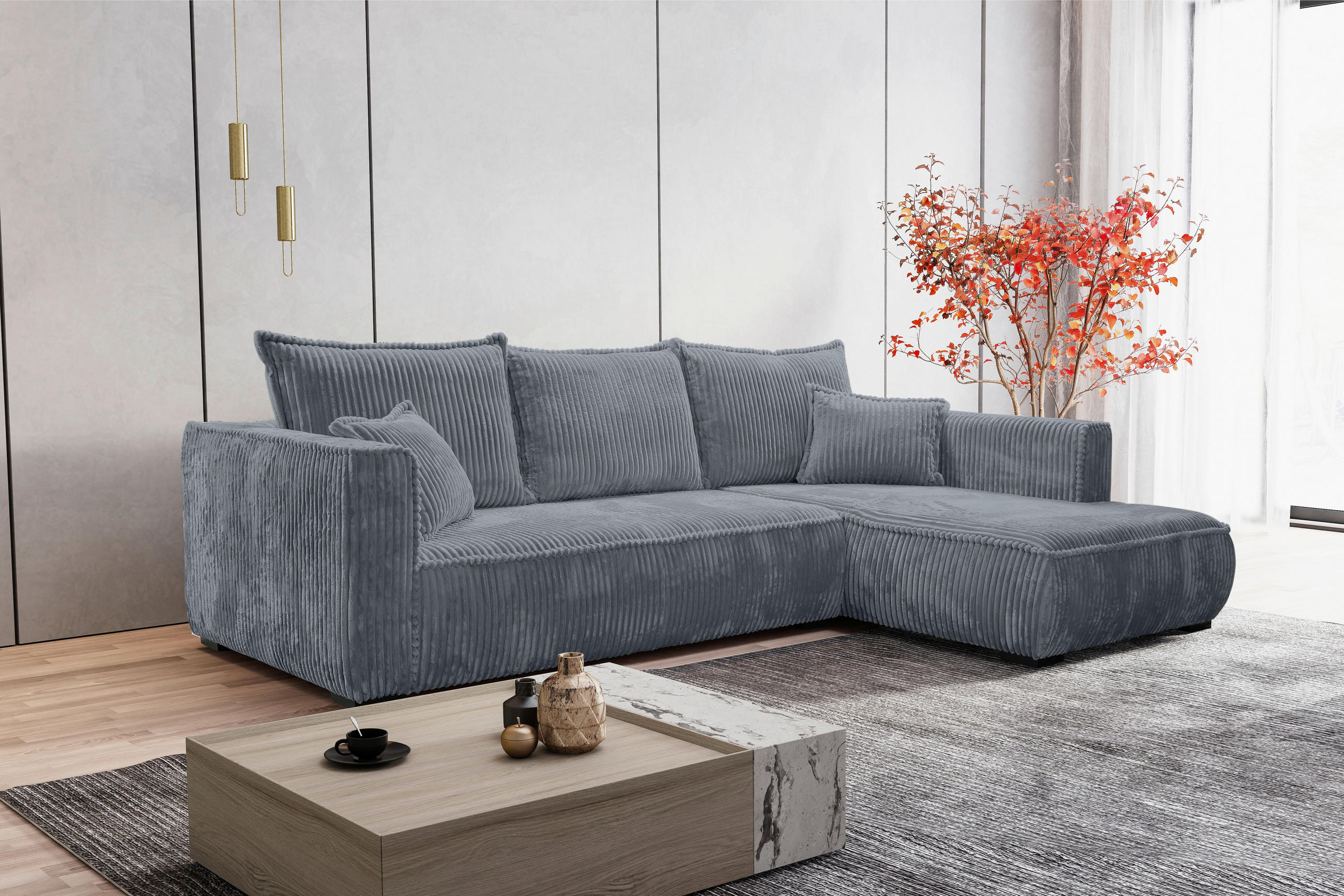 ECKSOFA Grau Cord  - Schwarz/Grau, MODERN, Holz/Textil (322/208cm) - Carryhome