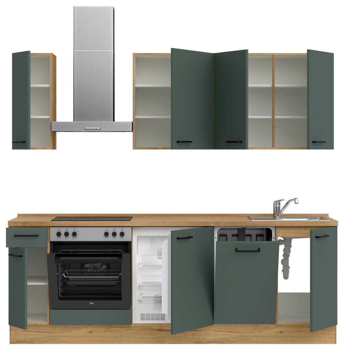 KÜCHENBLOCK Easytouch 240 cm  in Eichefarben, Dunkelgrün  - Dunkelgrün/Eichefarben, MODERN, Holzwerkstoff/Metall (240cm) - Nobilia