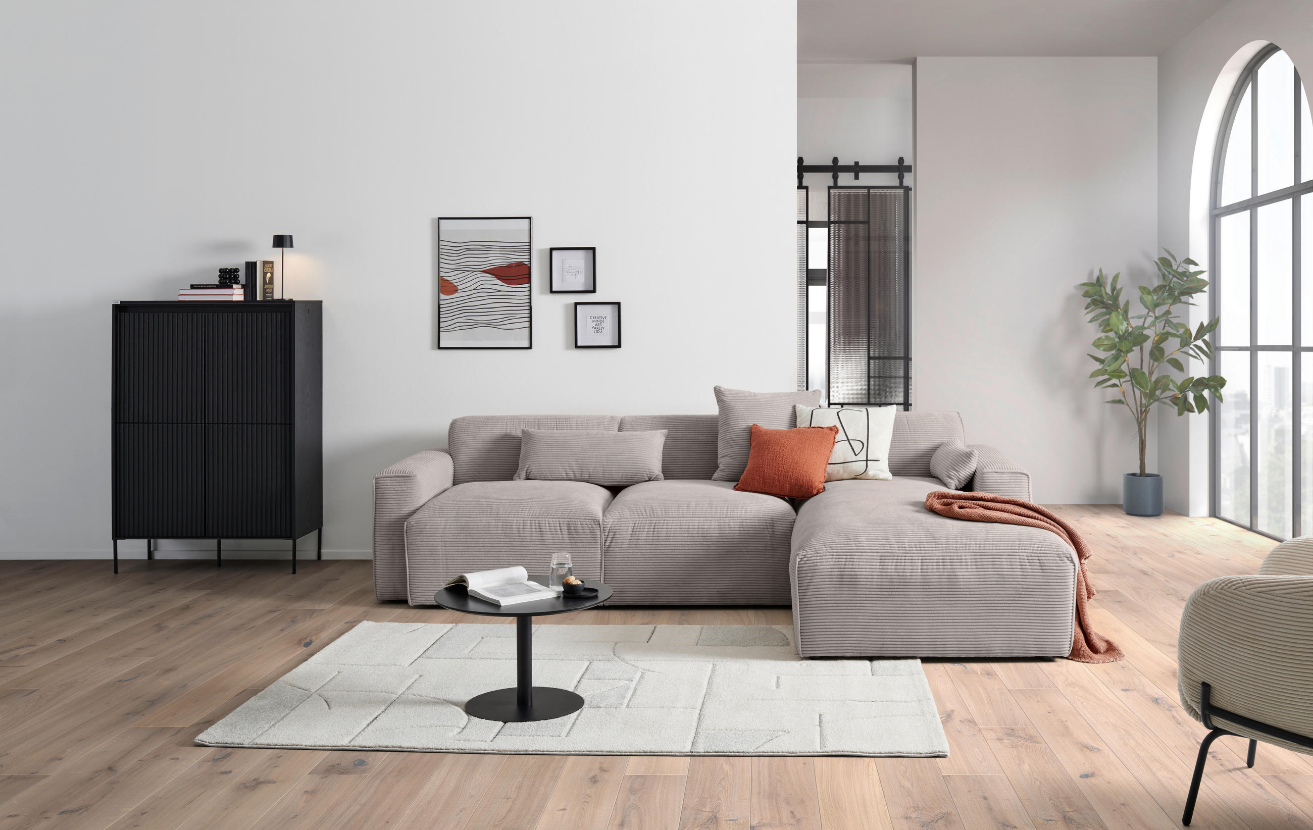 ECKSOFA in Cord Taupe  303/196 cm  - Taupe/Schwarz, Design, Kunststoff/Textil (303/196cm) - Livetastic