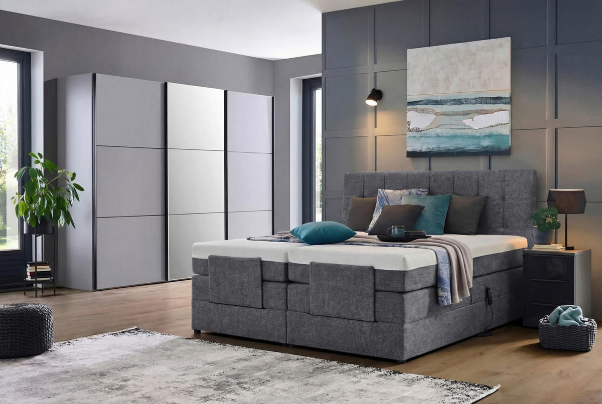 BOXSPRINGBETT 160/200 cm,  in Dunkelgrau, gepolstertes Kopfteil, Topper, motorische Verstellbarkeit, Fernbedienung, Matratzen, H3 = fest  - Dunkelgrau/Schwarz, KONVENTIONELL, Kunststoff/Textil (160/200cm) - Moderano