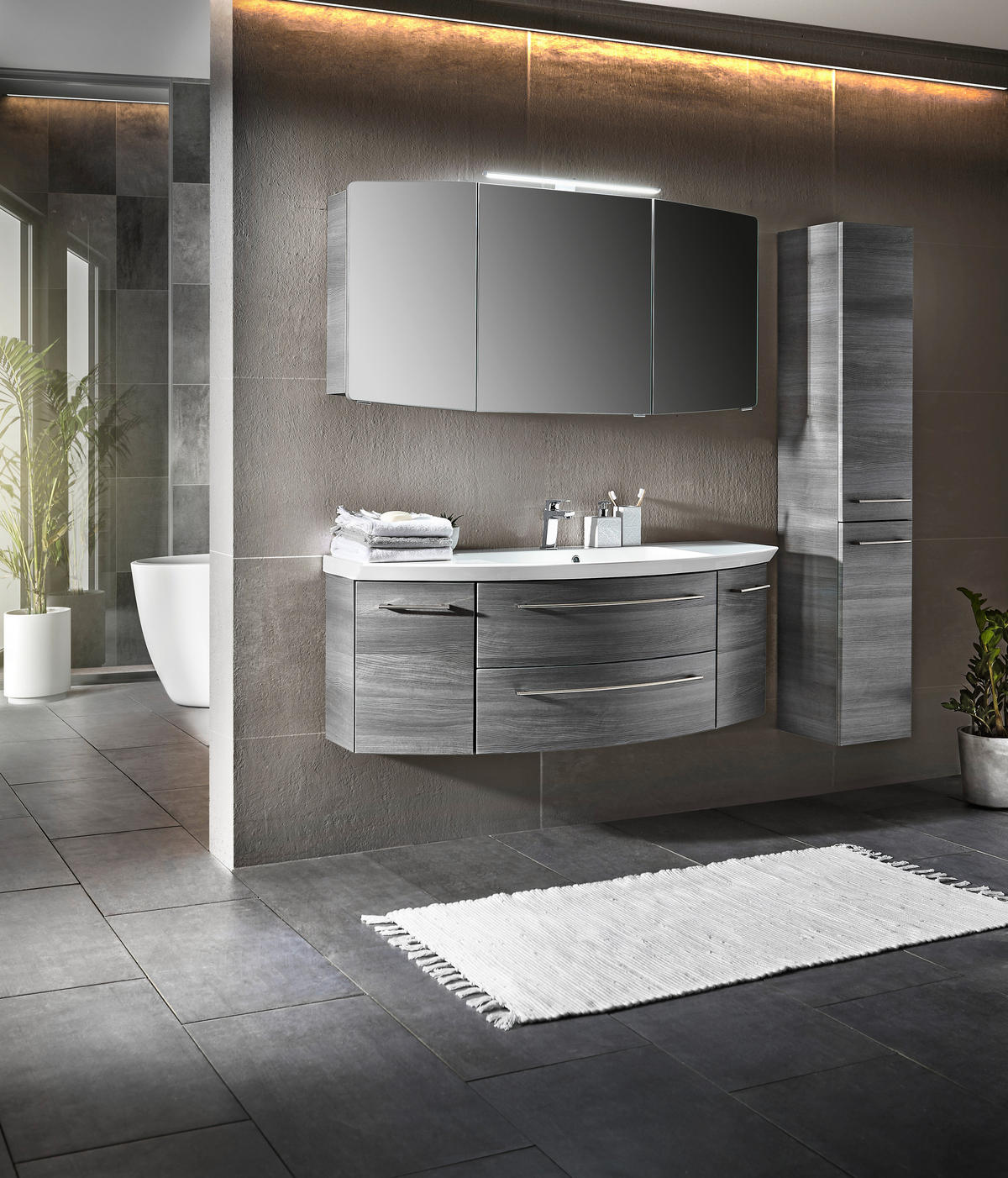 BADEZIMMER  in 141 cm  - Weiß/Grau, KONVENTIONELL, Holzwerkstoff/Stein (141cm) - Sadena