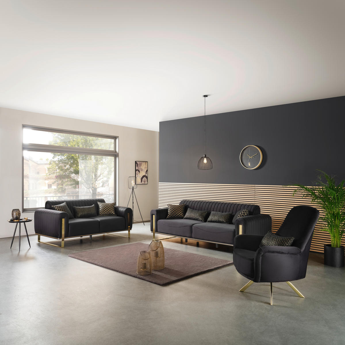 3-SITZER-SOFA Velours Schwarz  - Goldfarben/Schwarz, MODERN, Textil/Metall (230/83/90cm) - Livetastic