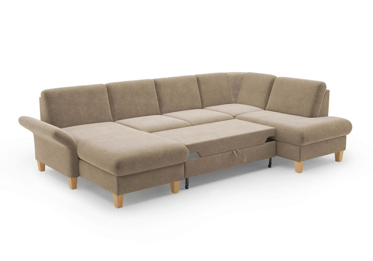 WOHNLANDSCHAFT Hellbraun Flachgewebe  - Hellbraun/Eichefarben, KONVENTIONELL, Holz/Textil (164/314/195cm) - Sit & More