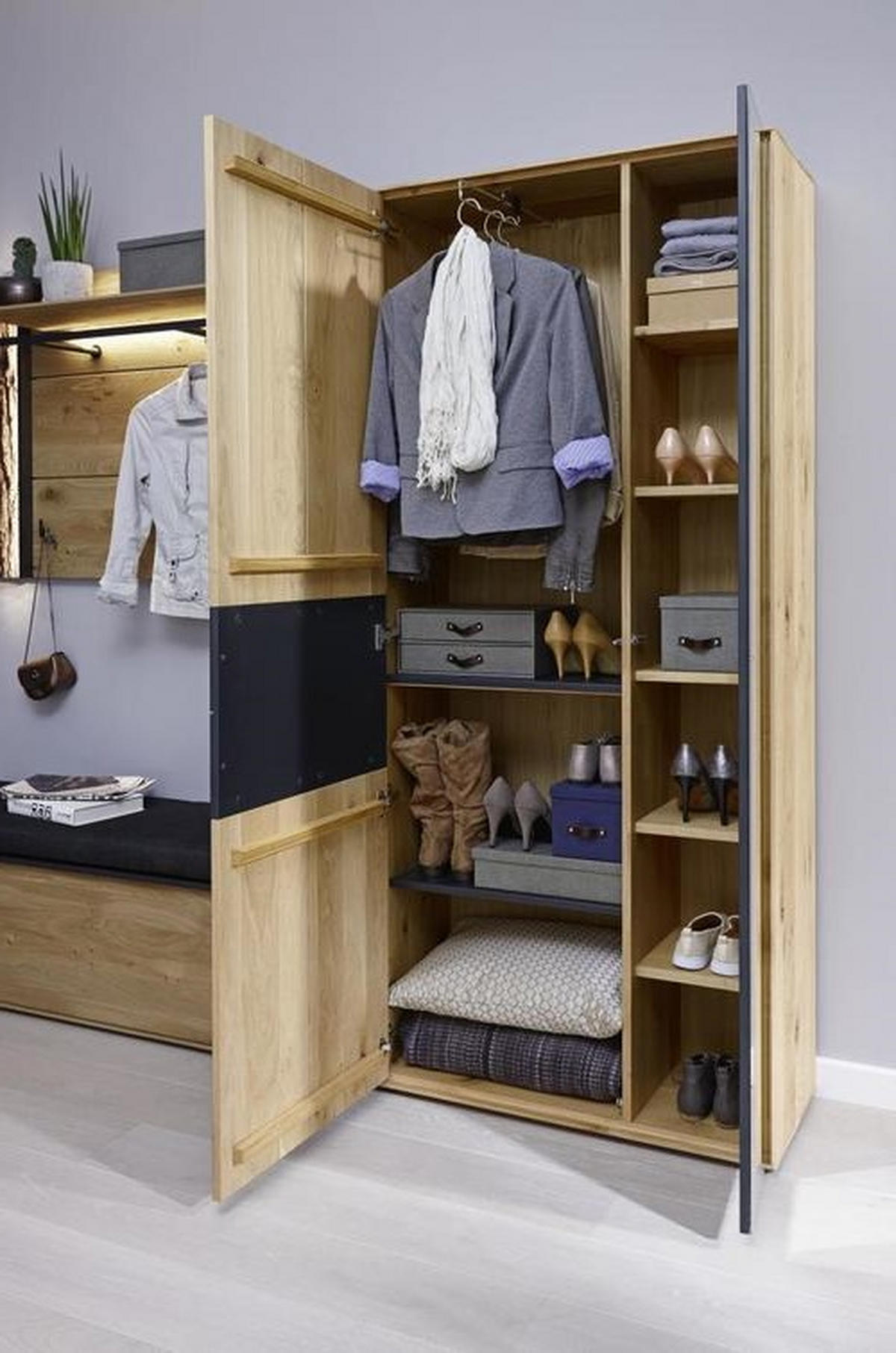 GARDEROBENSCHRANK  in 88,5/196/39 cm  - Eichefarben/Anthrazit, Natur, Glas/Holz (88,5/196/39cm) - Valnatura