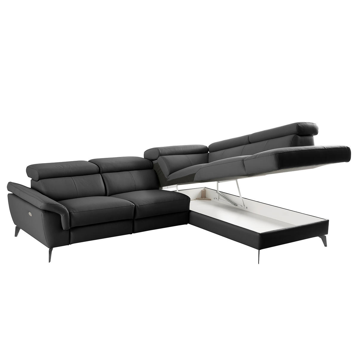 ECKSOFA SONO in Lederlook Echtleder Schwarz Bettkasten, Armteilverstellung, Kopfteilverstellung  265/210 cm  - Schwarz, Design, Leder/Textil (265/210cm) - Livetastic