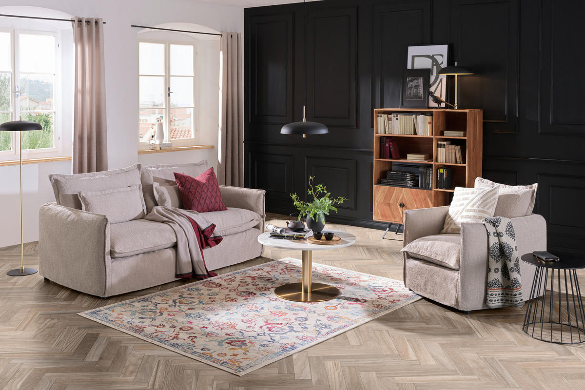 HUSSEN-SOFA Flachgewebe, Bouclé Beige  - Beige/Schwarz, Trend, Textil/Metall (195/82/98cm) - Livetastic