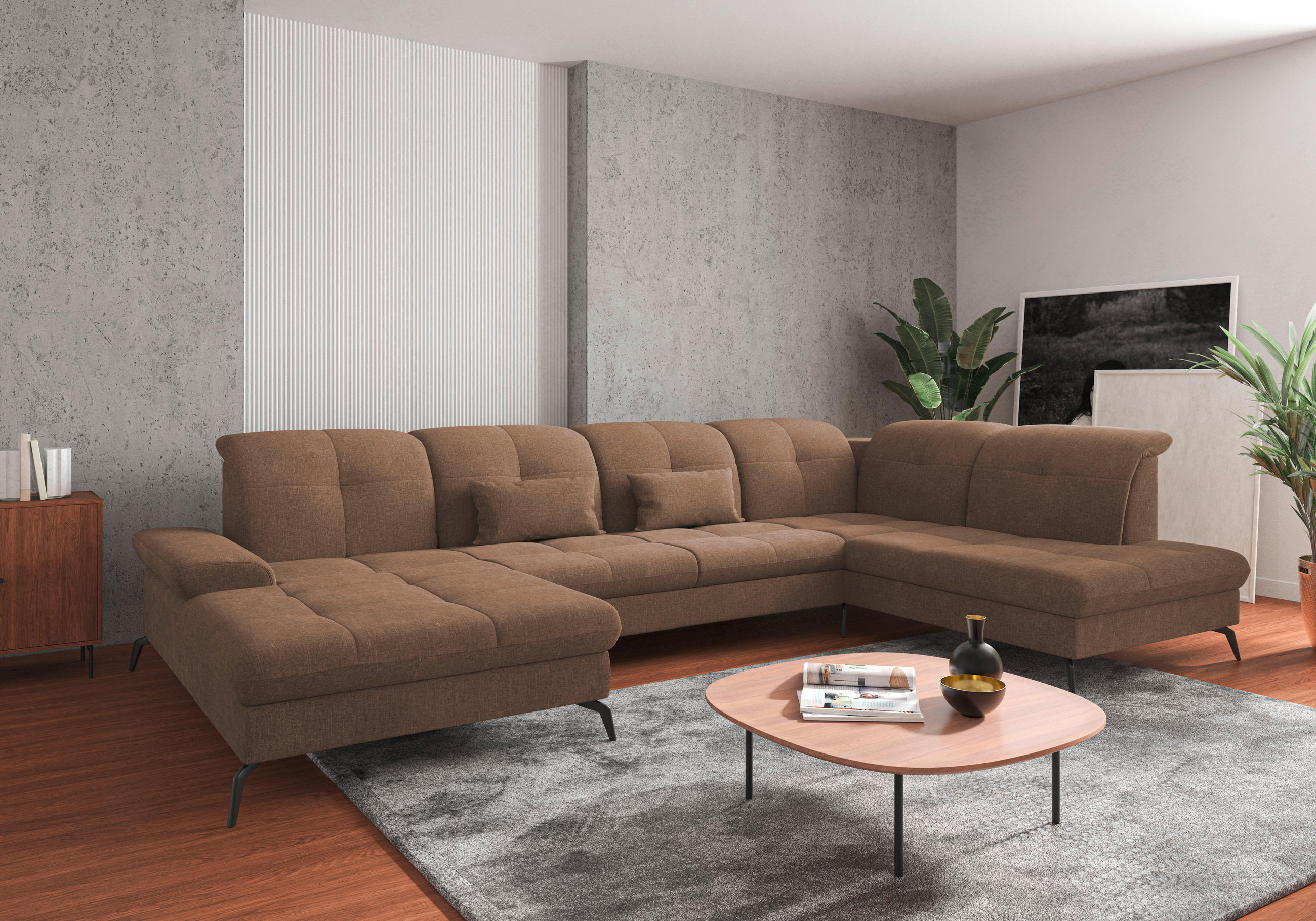WOHNLANDSCHAFT Hellbraun Flachgewebe  - Hellbraun/Schwarz, KONVENTIONELL, Textil/Metall (185/357/231cm) - Sit & More