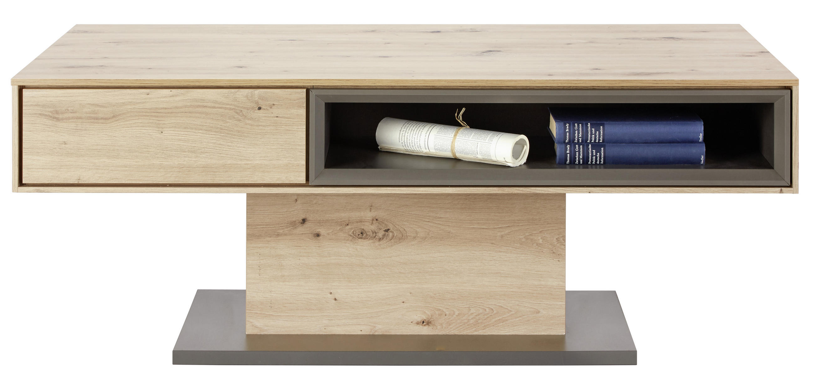 Thumbnail - Hom`in Couchtisch, Eiche Artisan, Holzwerkstoff, 2 Schubladen, rechteckig, Säule, Bodenplatte, 65x44x115 cm, Stauraum, W...