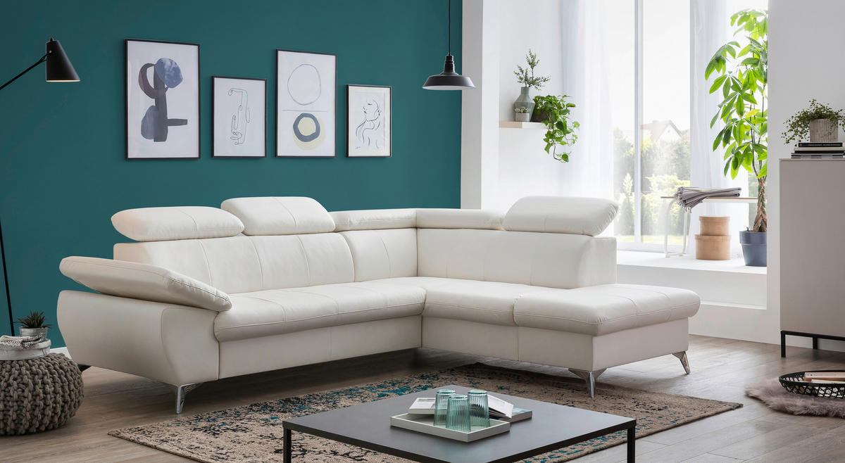 ECKSOFA in Lederlook Weiß  - Chromfarben/Weiß, KONVENTIONELL, Textil/Metall (256/209cm) - Livetastic
