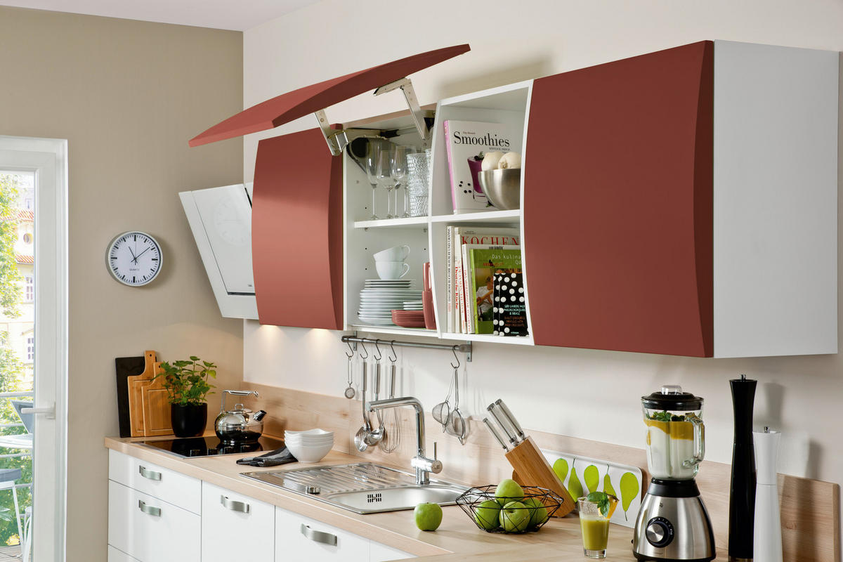 EINBAUKÜCHE   - Weiss/Rot, Design, Holzwerkstoff - Novel