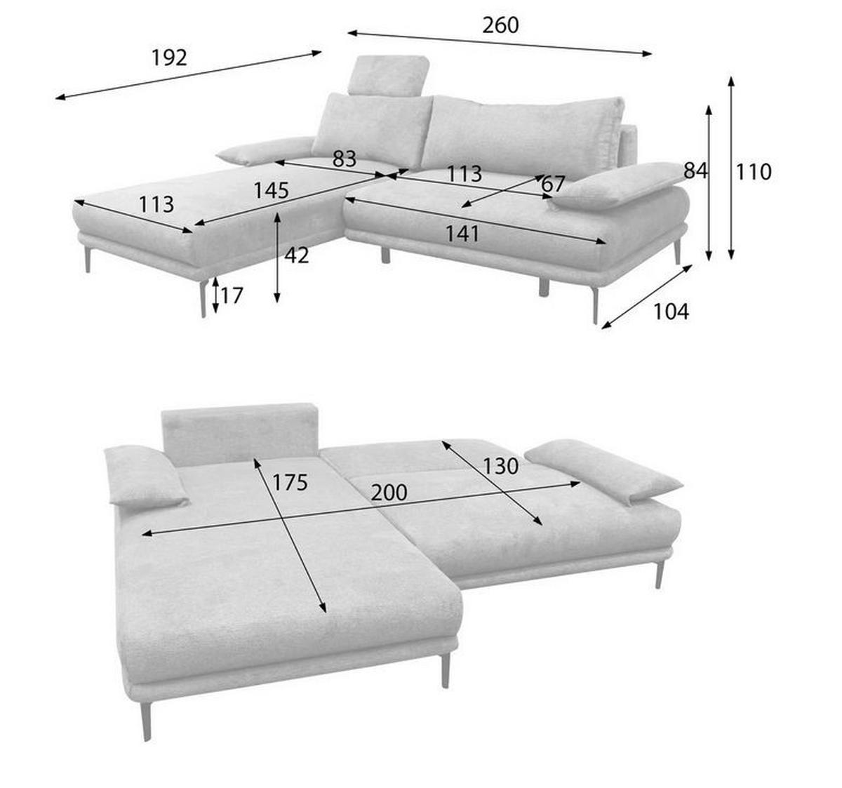 ECKSOFA in Webstoff Grau  192/260 cm  - Schwarz/Grau, Design, Textil/Metall (192/260cm) - MID.YOU