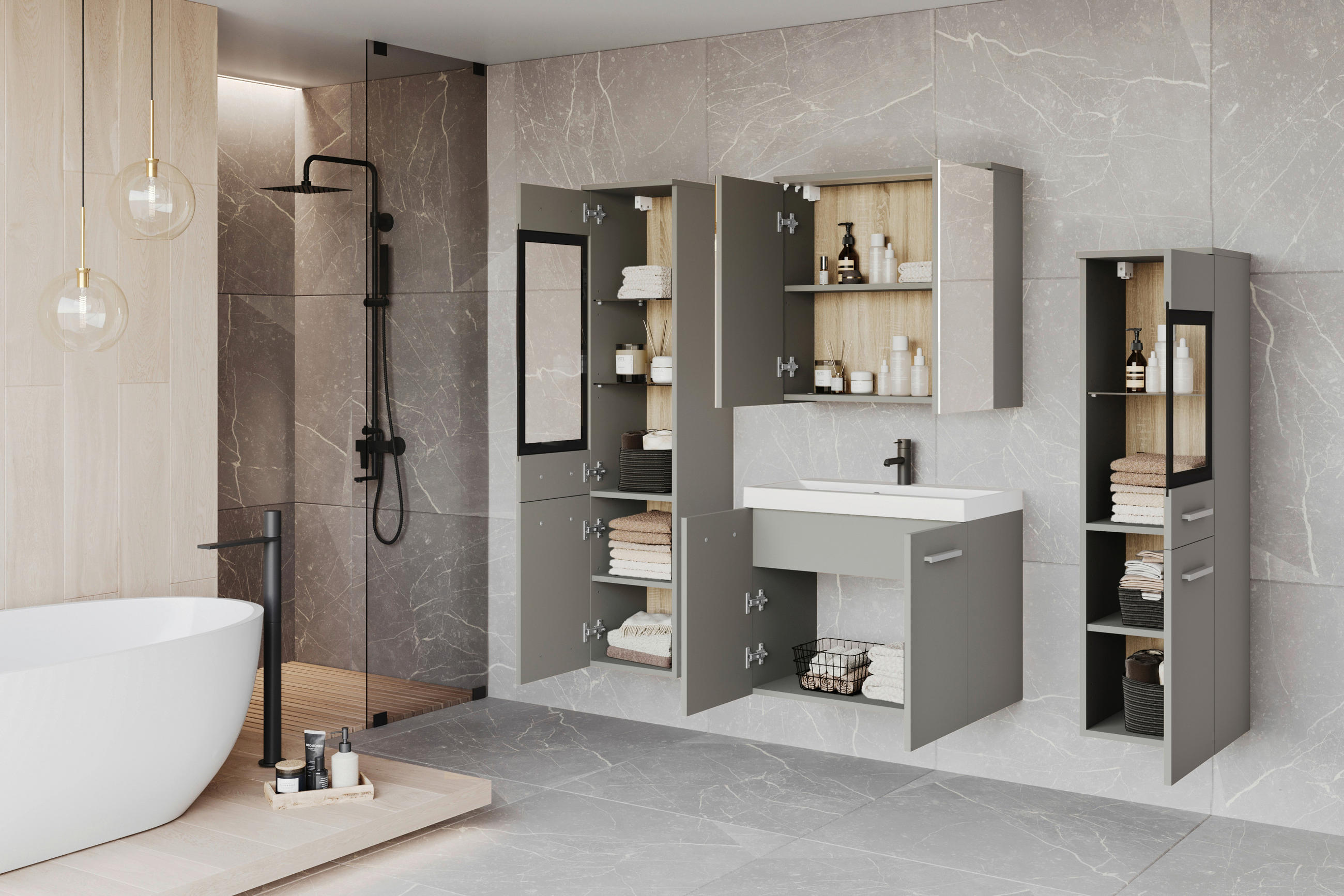 BADEZIMMER 5-teilig  in  - Weiss/Hellgrau, Lifestyle, Glas/Keramik (120,4/131,5/30,2cm) - P & B