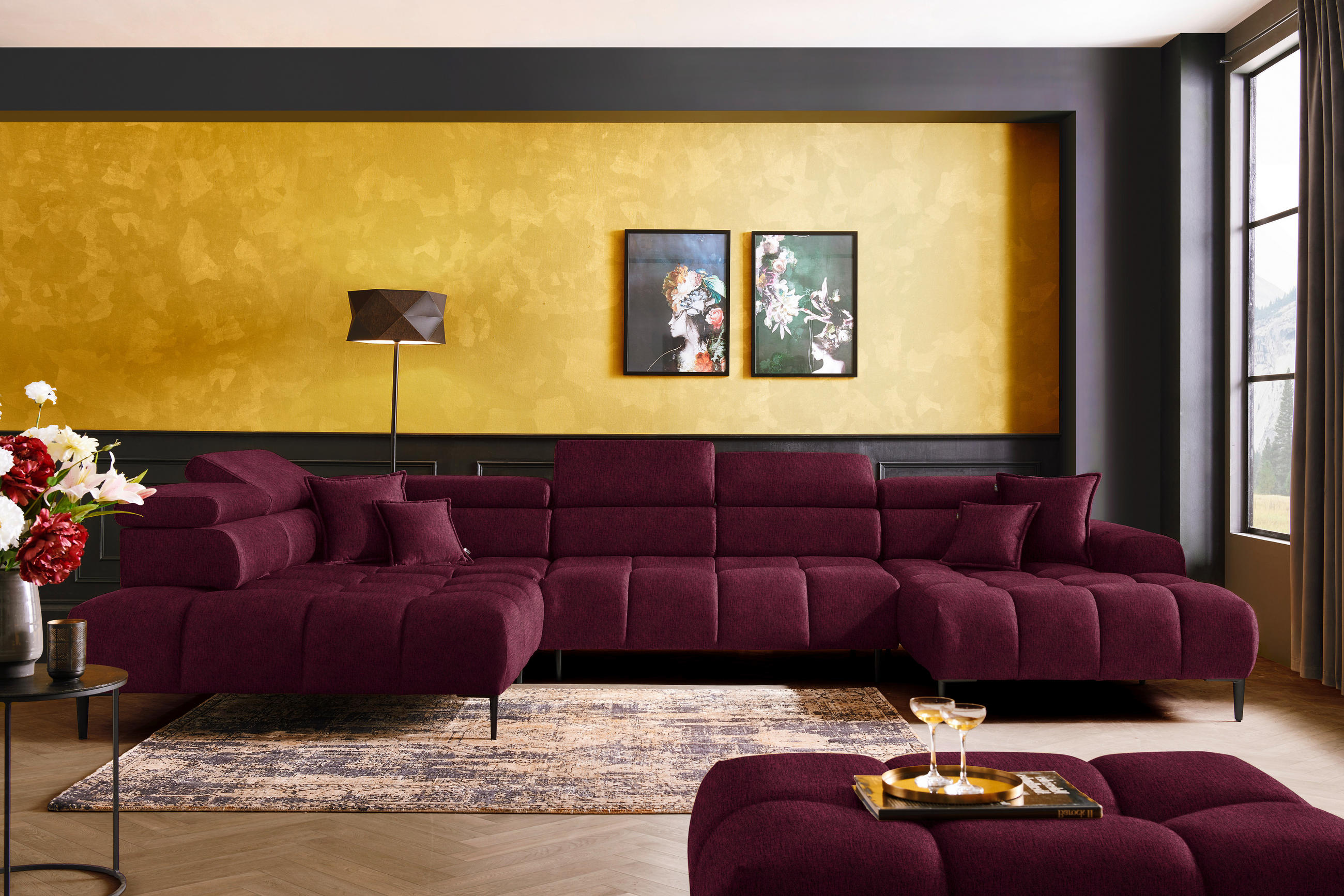 WOHNLANDSCHAFT in Samt, Webstoff Bordeaux  - Bordeaux/Schwarz, Design, Textil/Metall (216/385/177cm) - Welnova
