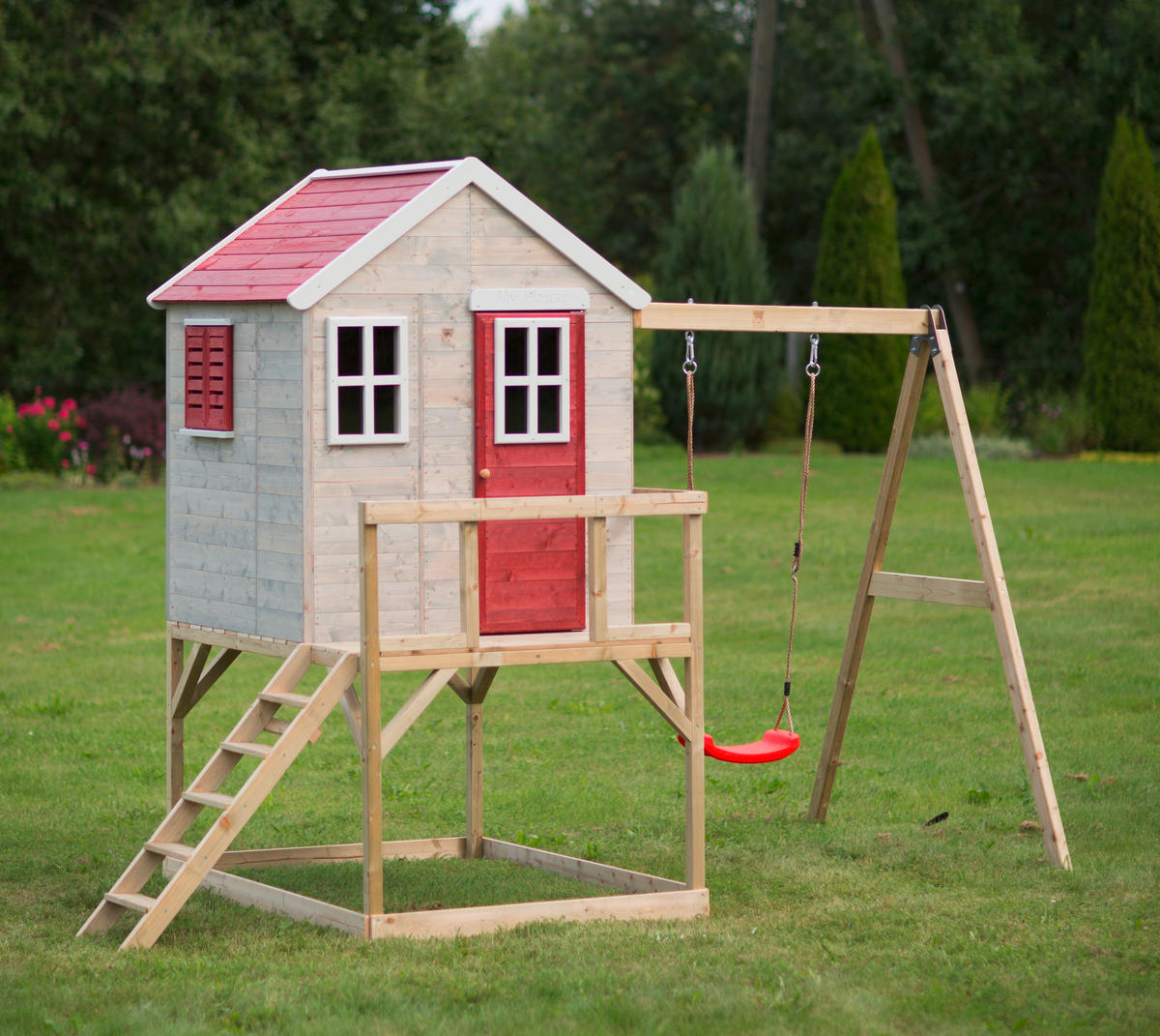 SPIELHAUS 350/242/192 cm  - Rot/Naturfarben, KONVENTIONELL, Holz (350/242/192cm) - Ambia Garden
