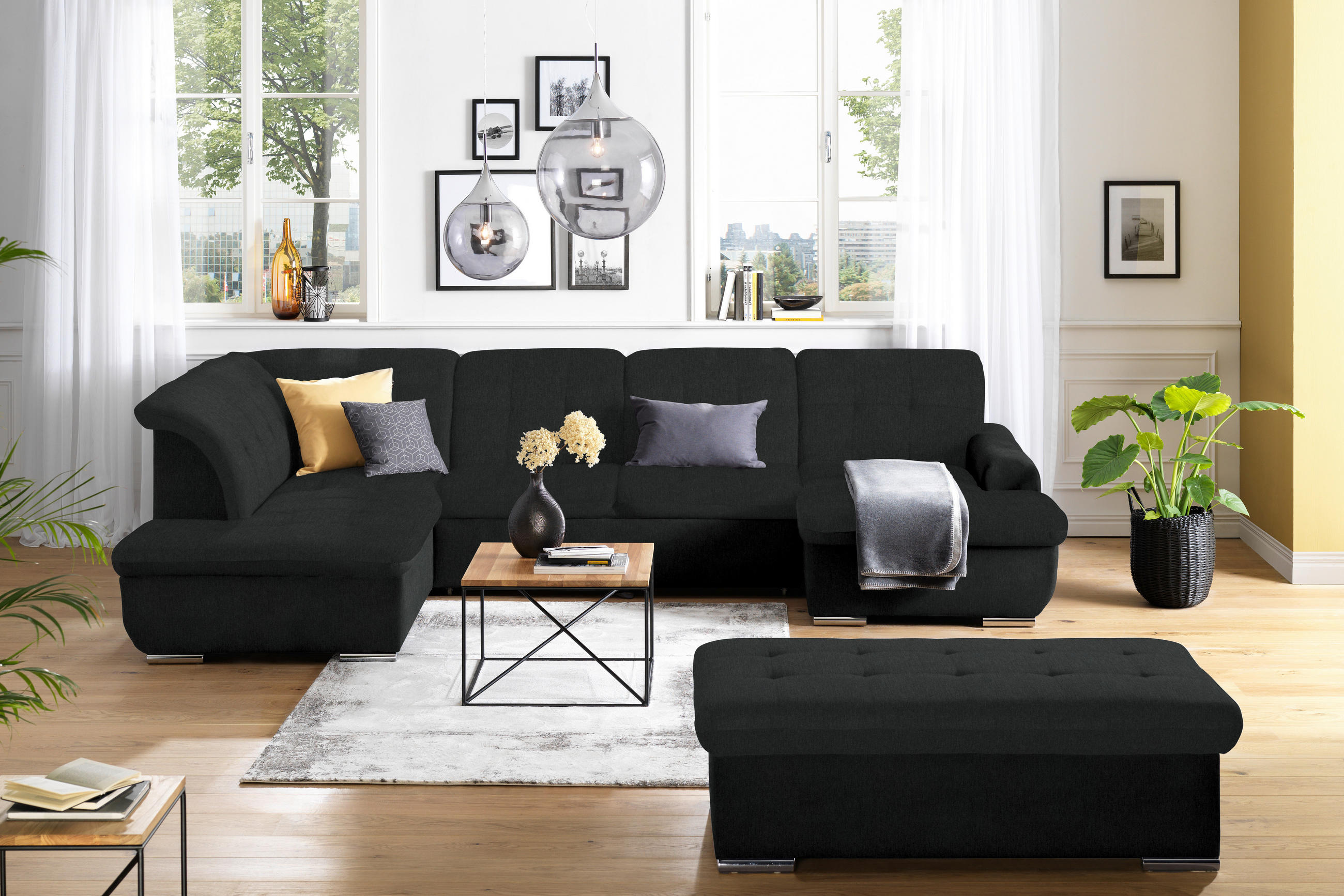 WOHNLANDSCHAFT in Flachgewebe Schwarz  - Silberfarben/Schwarz, Design, Textil/Metall (208/342/145cm) - Cantus