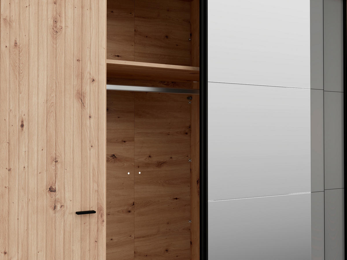 KLEIDERSCHRANK 232/218,5/58 cm,  in Graphitfarben, Schwarz, Eiche Artisan, 4-türig  - Graphitfarben/Schwarz, MODERN, Glas/Holzwerkstoff (232/218,5/58cm) - MID.YOU