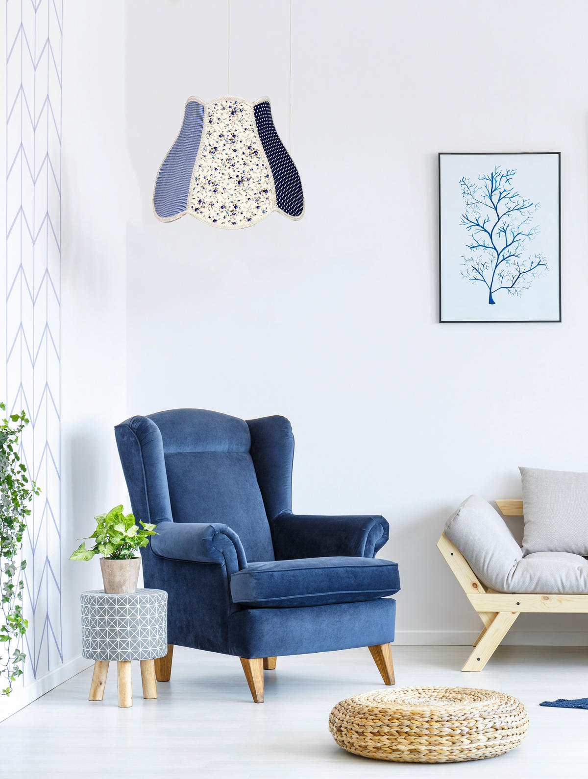 PENDELLEUCHTE Zuza 35/35/90 cm   - Blau/Hellgrau, KONVENTIONELL, Kunststoff/Textil (35/35/90cm)