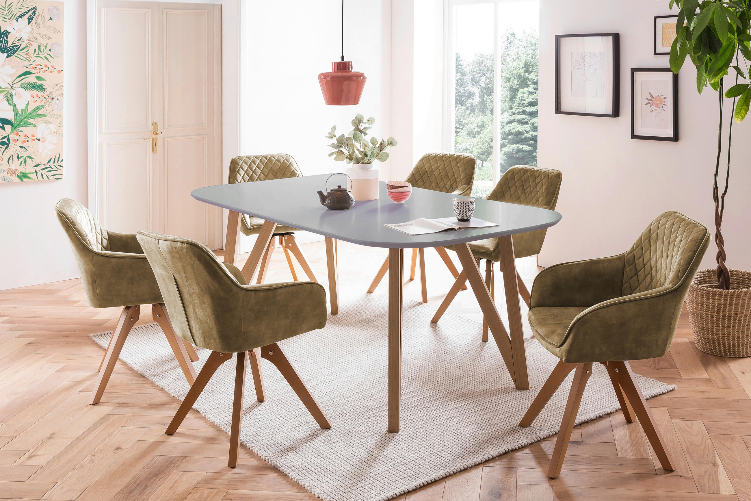 TISCHGRUPPE Grau, Grün  - Naturfarben/Grau, MODERN, Holz/Textil (180/90/76cm) - Livetastic
