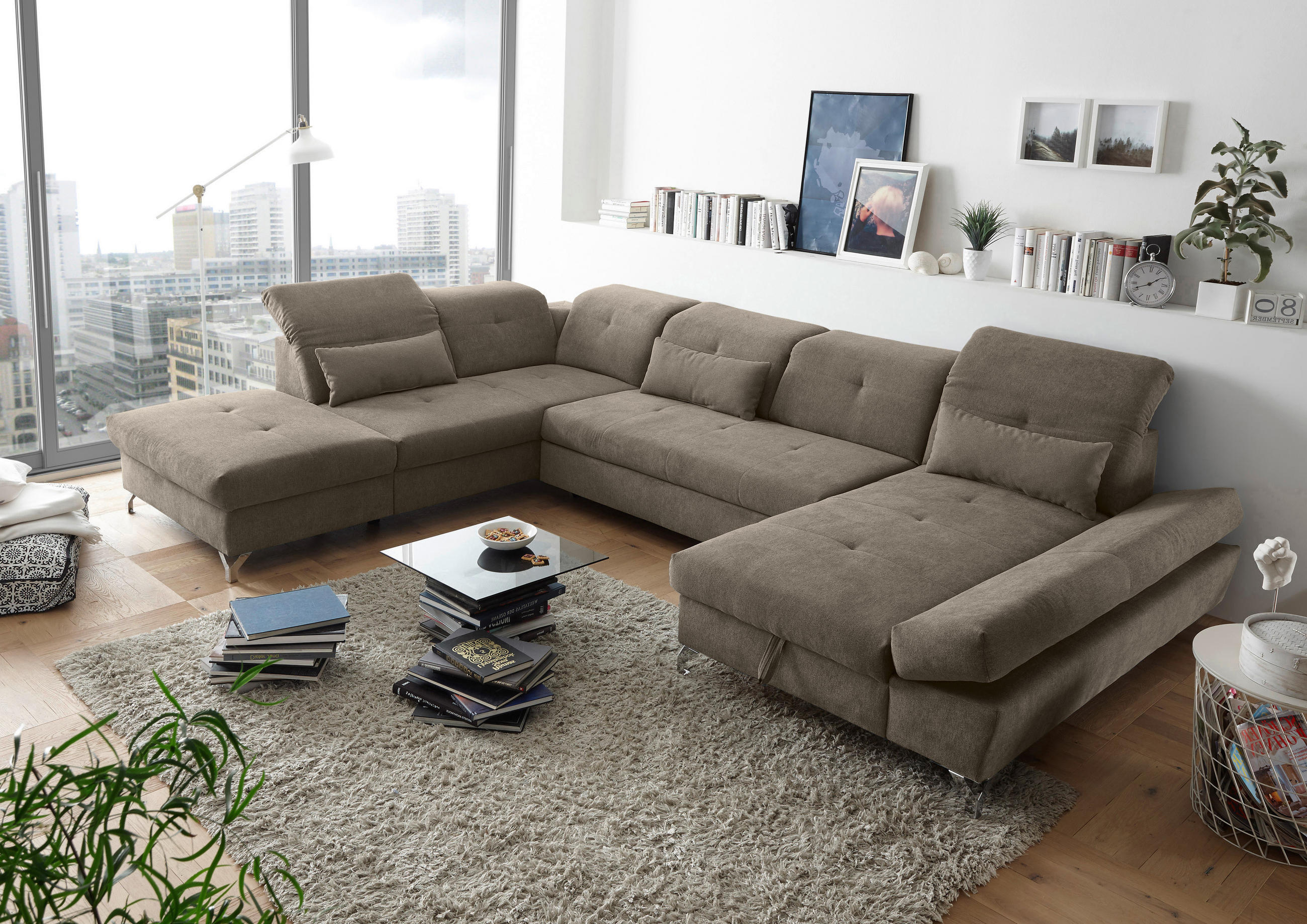 WOHNLANDSCHAFT in Mikrovelours Graubraun  - Graubraun/Silberfarben, Modern, Textil/Metall (245/350/168cm) - MID.YOU