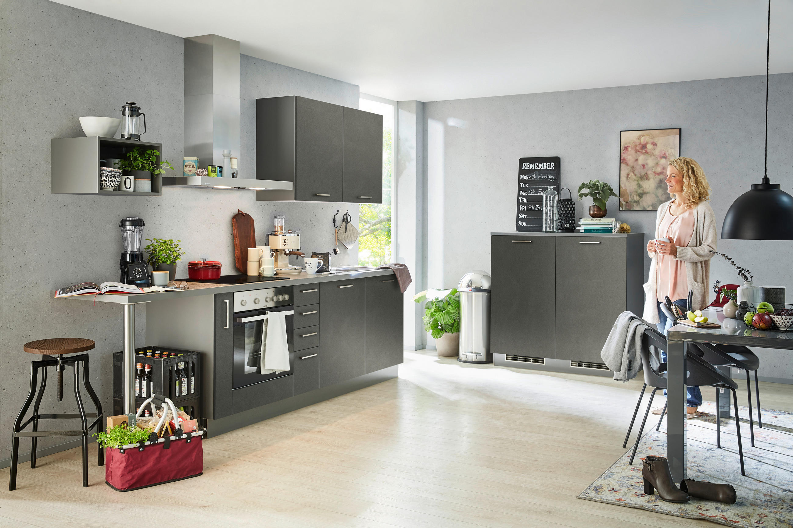 KÜCHENLEERBLOCK   in Anthrazit, Dunkelgrau  - Edelstahlfarben/Dunkelgrau, Design, Holzwerkstoff/Metall (295/120cm) - Welnova