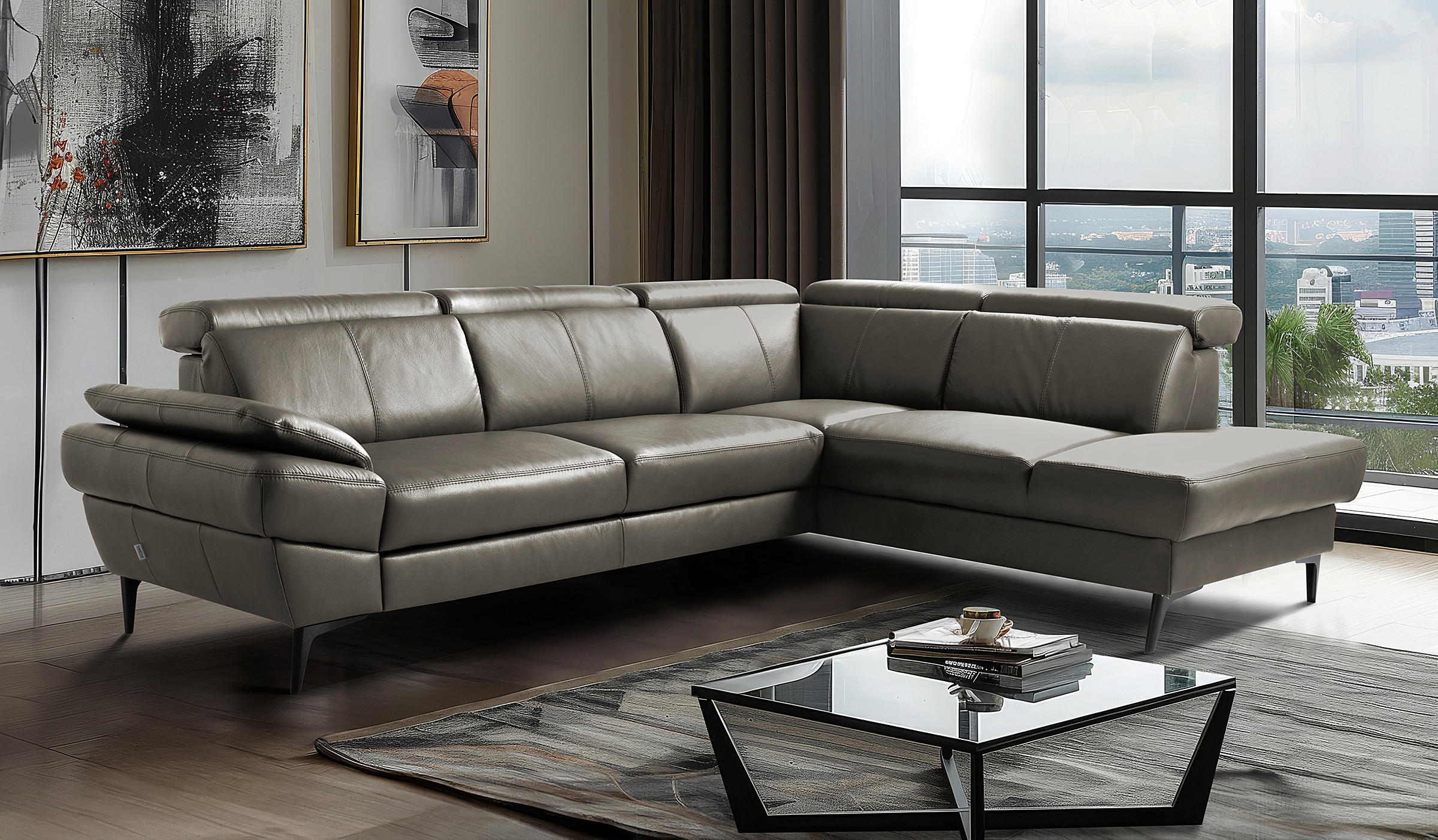 ECKSOFA  in Lederlook Echtleder Schlammfarben  - Schlammfarben/Schwarz, Design, Leder/Textil (264/211cm) - Livetastic