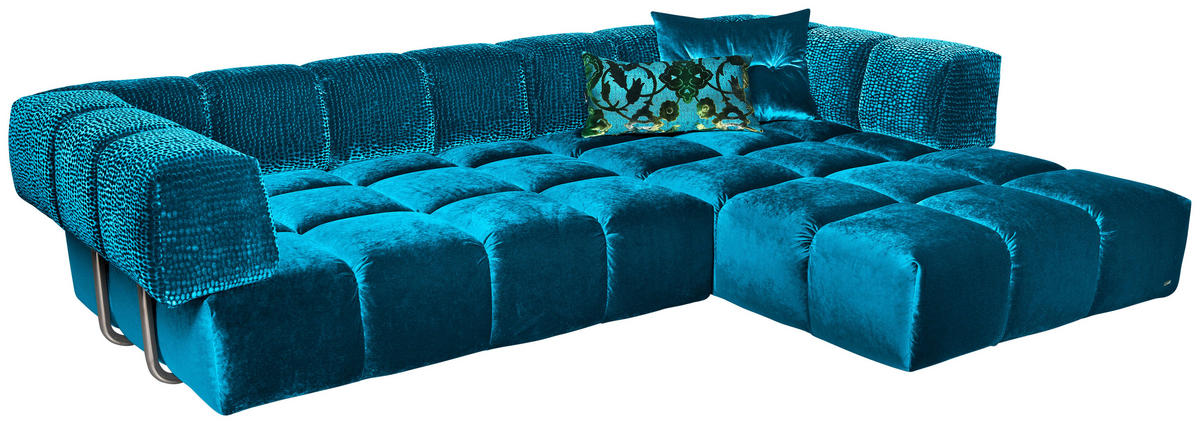 ECKSOFA in Velours Blau  310/215 cm  - Blau/Schwarz, Trend, Kunststoff/Textil (310/215cm) - Bretz