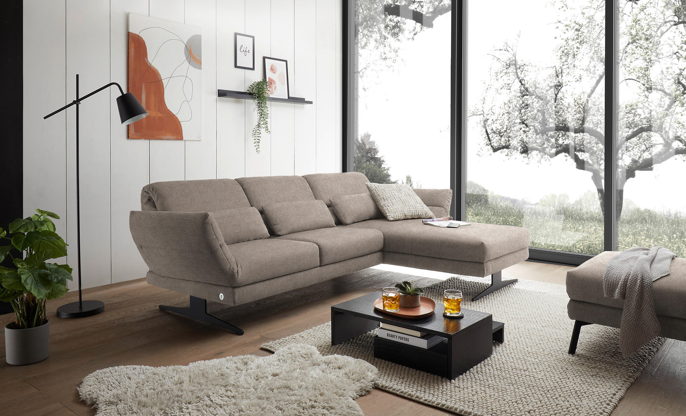 ECKSOFA in Flachgewebe Taupe  - Taupe/Schwarz, Design, Textil/Metall (279-327/176-217cm) - Dieter Knoll