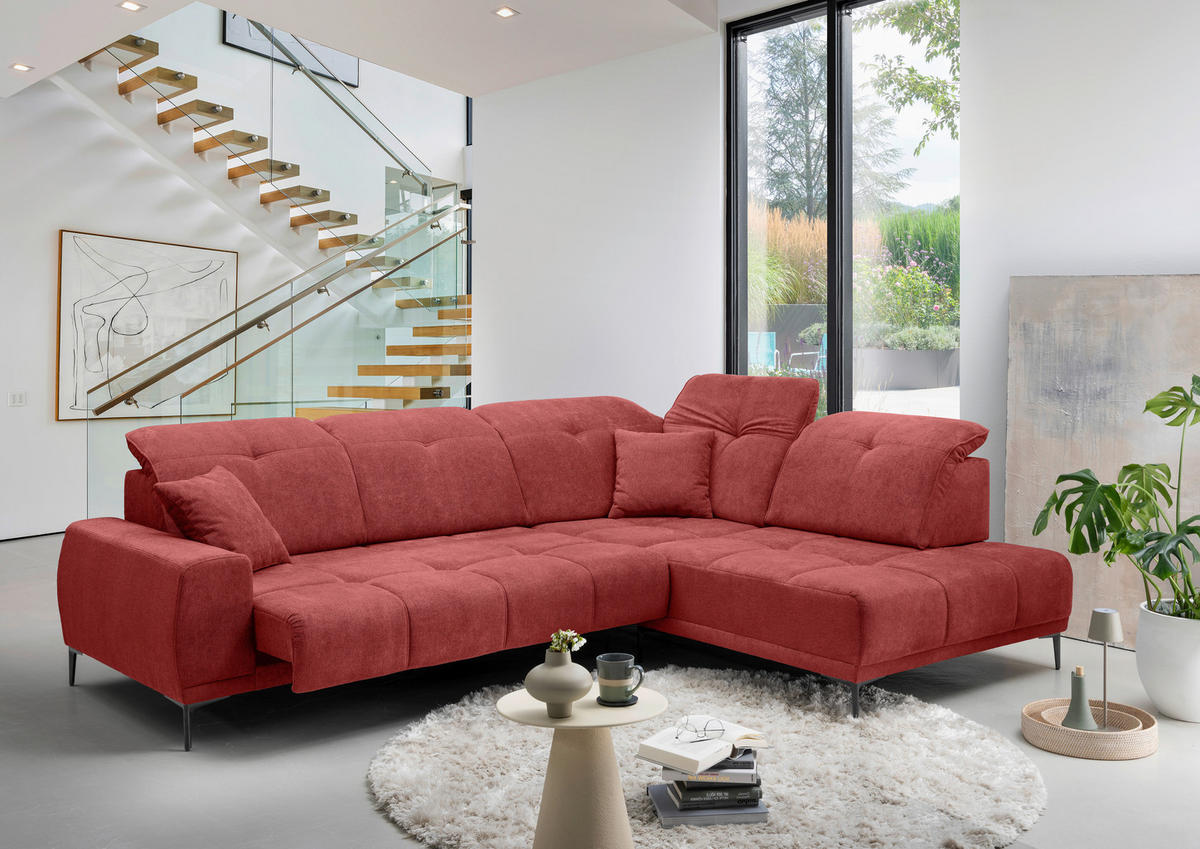 ECKSOFA NESTO Rot Chenille Zierkissen, Kopfteilverstellung, Sitzvorzug  - Rot/Schwarz, Basics, Textil/Metall (305/232cm) - Livetastic