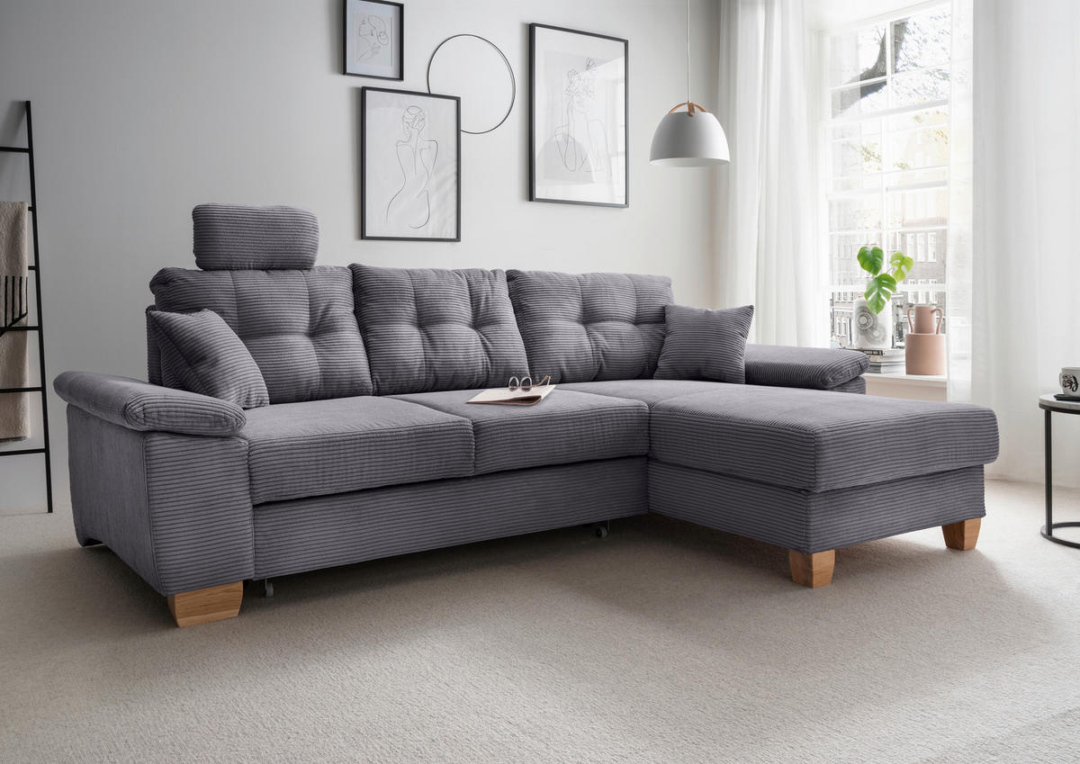 ECKSOFA in Cord Grau  - Naturfarben/Grau, Modern, Holz/Textil (270/176cm) - Livetastic