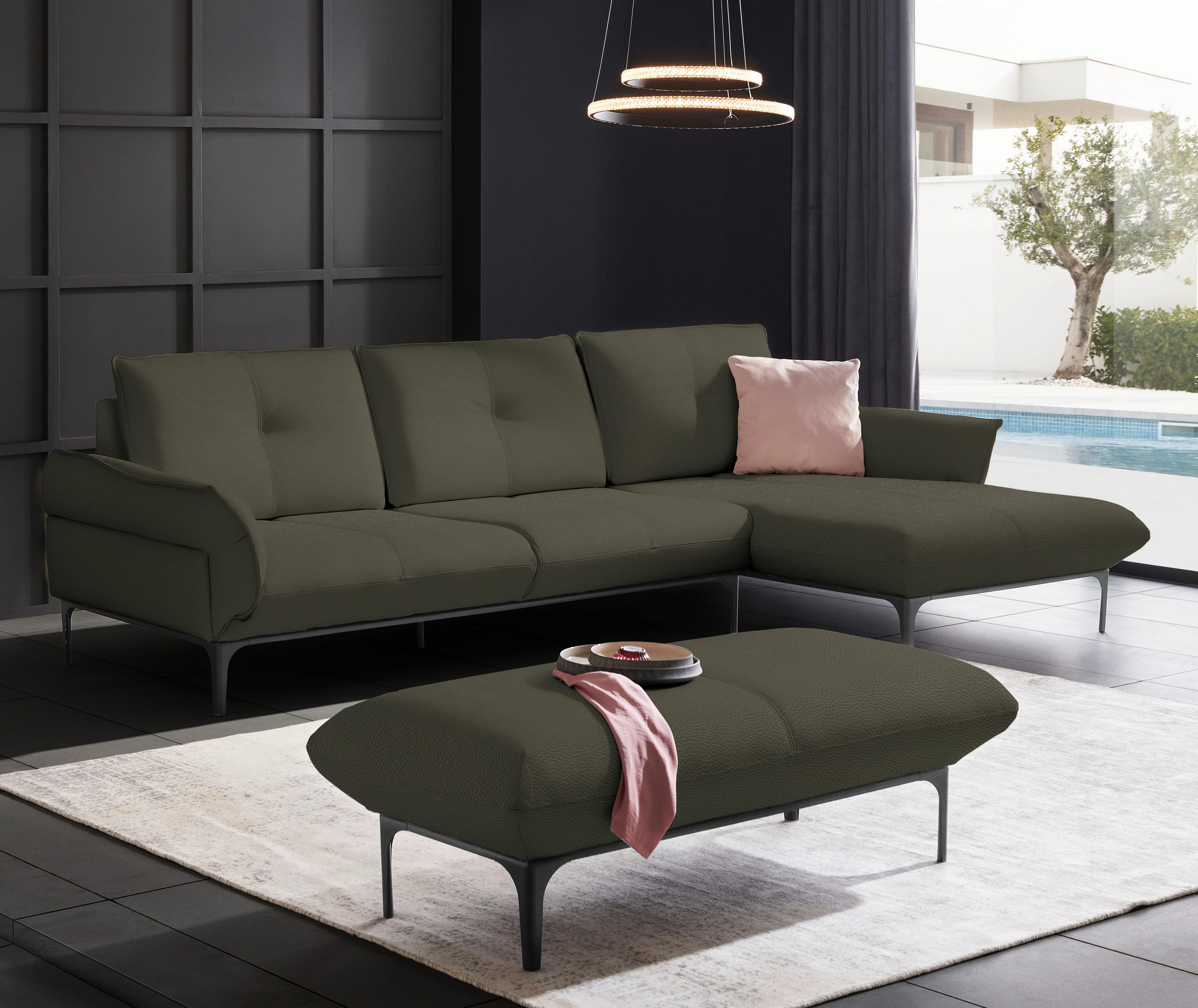 ECKSOFA in Echtleder Dunkelbraun  - Dunkelbraun/Schwarz, Design, Leder/Metall (319/182cm) - Valnatura