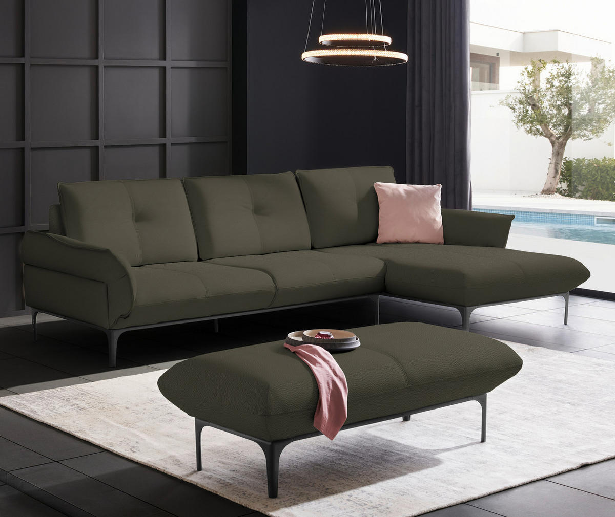 ECKSOFA in Echtleder Dunkelbraun  - Dunkelbraun/Schwarz, Design, Leder/Metall (319/182cm) - Valnatura